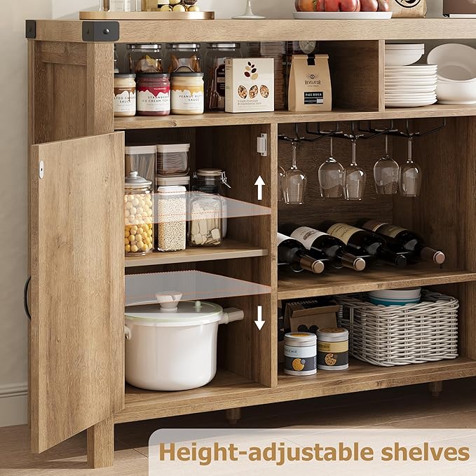 IDEALHOUSE Rattan Buffet Cabinet with Storage, Rattan Wine Bar Cabinet, Sideboard with Glass Holder, Adjustable Shelves, Coffee Bar Cabinet for Living Room Dining Room Hallway, Natural