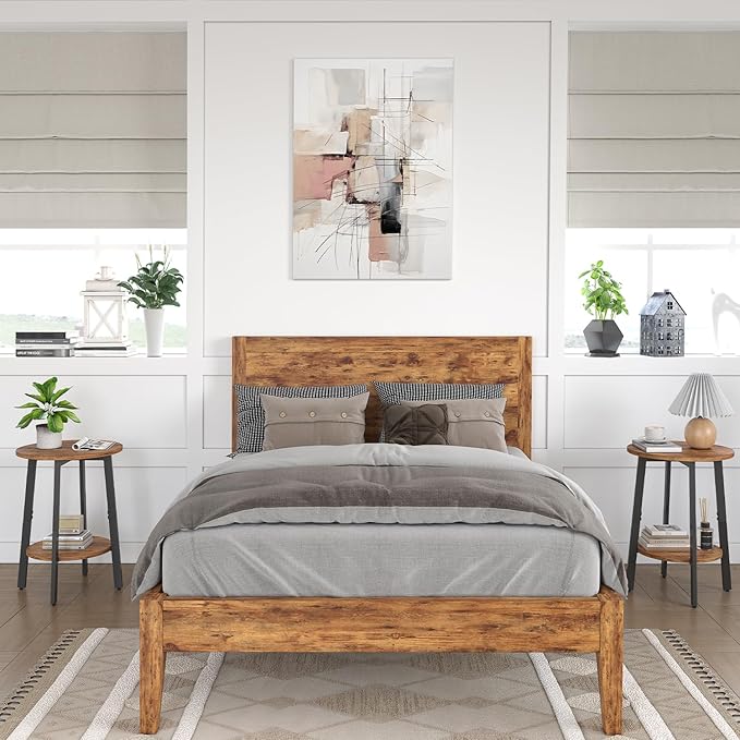 Side Table Set of 2, Small Round End Table with Storage Shelf for Small Space, 2-Tier Bedside Table Sofa Couch Table, Nighstands Set of 2 Accent Table for Living Room, Bedroom, Rustic Brown