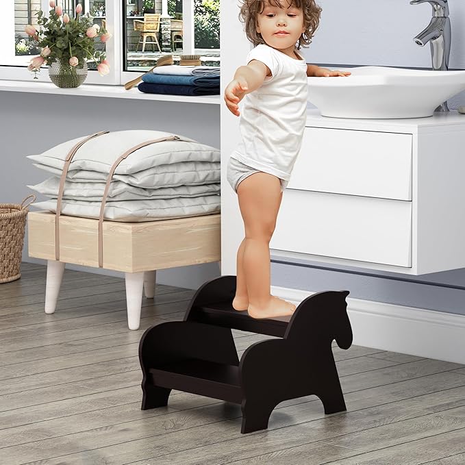 Wood Step Stools for Kids, Child Two Step Stool of Horse Shape, Toddler Step Stools Potty Training Stool, Easy to Move Safety for Kitchen, Bathroom, Bedroom, Toilet
