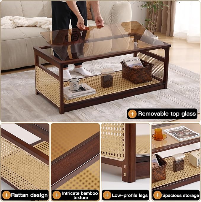 Welnow Rattan Coffee Tables for Living Room, Modern 2-Tier Coffee Table, Mid Century Rectangle Coffee Table with Storage Shelf & Glass Top, Large Boho Center Table for Apartment, Walnut