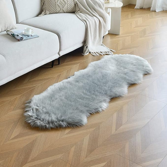 duduta Grey Faux Sheepskin Runner Rugs 2x6 ft, Fluffy Shag Bedroom Rug Decor Fur Couch Sofa Covers Washable