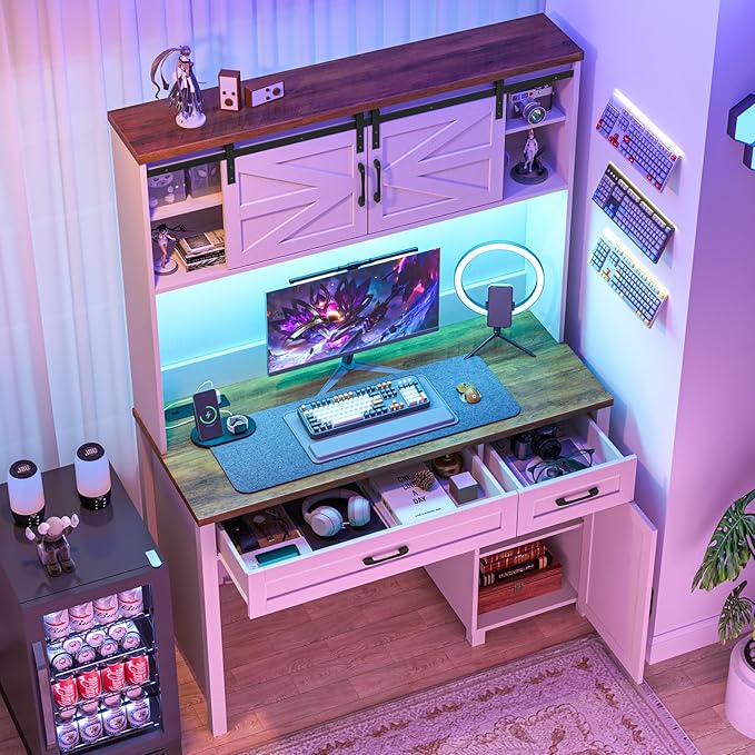 Farmhouse 47" Executive Desk, Computer Desk with 2 Drawers, LED Light and Storage Cabinet, Home Office Desk with Hutch, Charging Hub, Workstation for Home Office and Study.Unique White