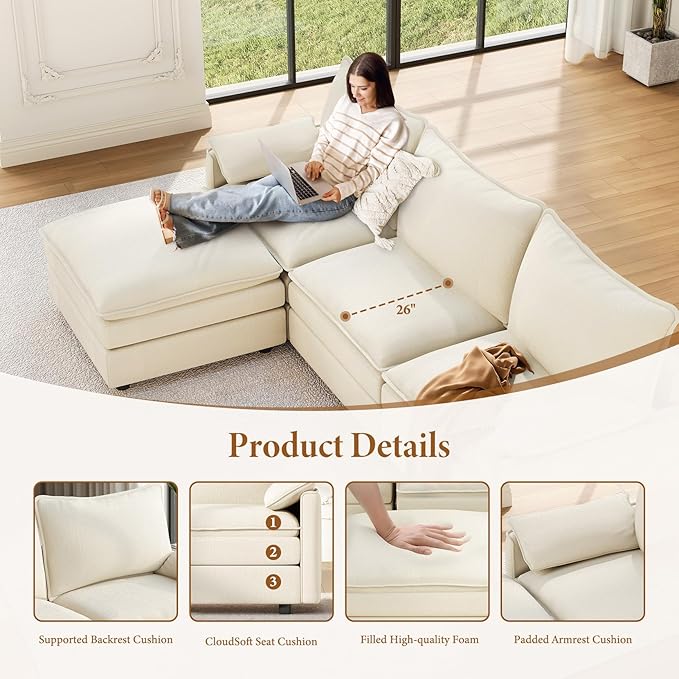 Vesgantti Large Modular Sectional Sofa, Big Comfy Cloud Couch with Ottoman Deep Seat Chenille Cloud Sofa, 9 Seater Large Sectional Couches for Living Room, Bedroom and Apartment, Beige