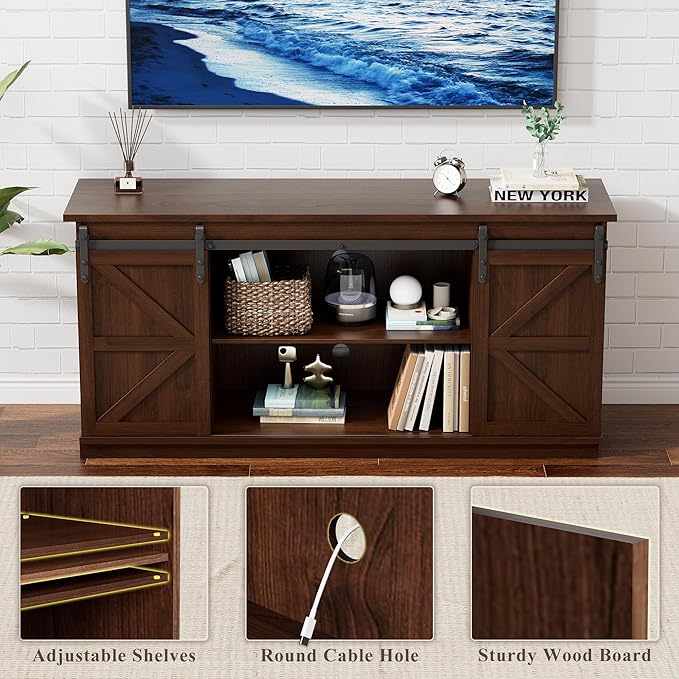 YESHOMY TV Stand for Televisions up to 65 Inches, with Sliding Barn Doors and Storage Cabinets, Console Table and Media Furniture for Living Room, 58 Inch, Espresso