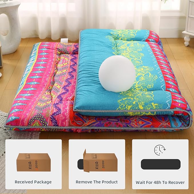 Bohemian Retro Japanese Floor Mattress, Vintage Floral Tatami Floor Mat, Portable Roll up Futon Mattress for Guest,Tavel (D,Queen80 X 60")
