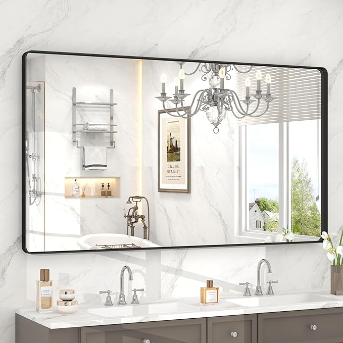55x30 Inch Black Framed Bathroom Mirror for Wall, Large Matte Metal Framed Wall Mirror, Black Rectangle Bathroom Vanity Mirror, Anti-Rust, Shatterproof (Horizontal/Vertical)