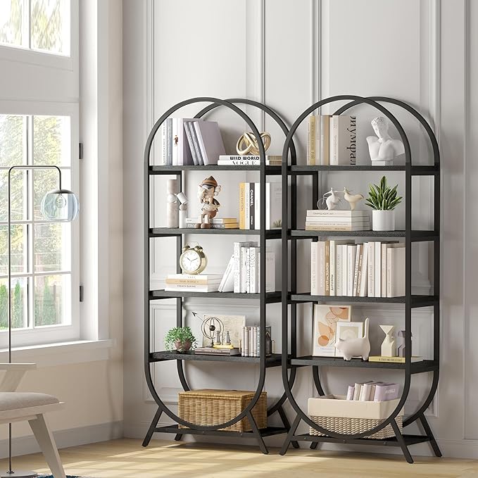 Bookshelf Arched Bookcase, Industrial 5 Tier Open Book Shelves with Metal Frame, 72" Tall Freestanding Display Rack for Home Office, Living Room, Black