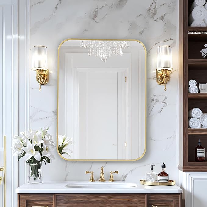 MZON 16x20 Inch Brushed Gold Vanity Mirror, Rectangle Bathroom Mirrors for Over Sink, Anti-Rust Frame & Tempered Glass, Hangs Horizontally/Vertically - Ideal for Small Bathroom or Powder Room
