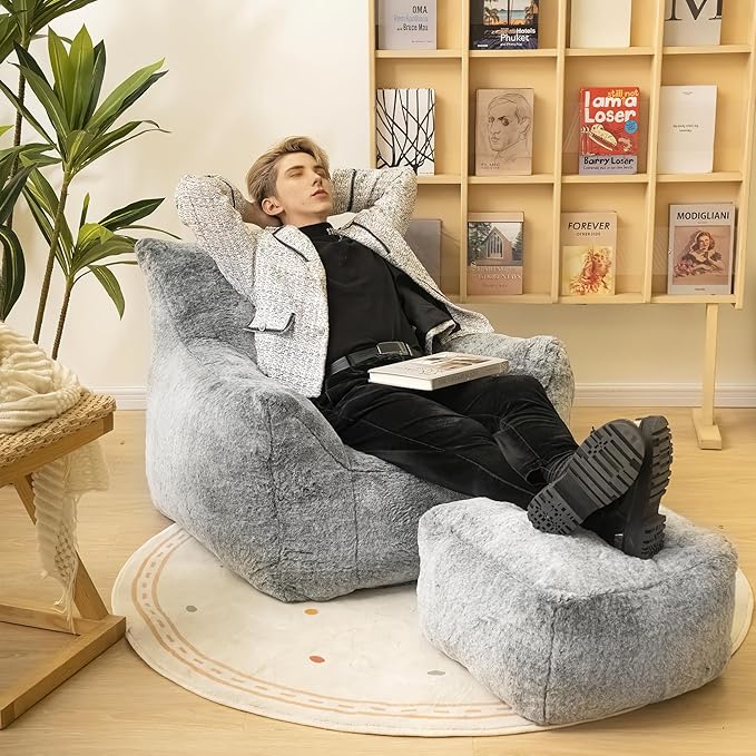 Bean Bag Chair with Ottoman, Armrest Bean Bag Chairs with Filler, Ultra Soft Fluffy Faux Fur Bean Bag Chair with Foot Rest, Plush Lazy Sofa with Foot Stool for Living Room, Dorm