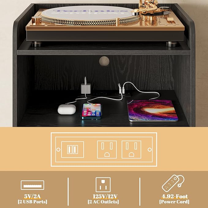 Record Player Stand, Turntable Stand with Record Storage and Charging Station & USB Ports, Record Player Table with Metal Divider, Record Stand Up to 120 Albums for Living Room, Bedroom Black