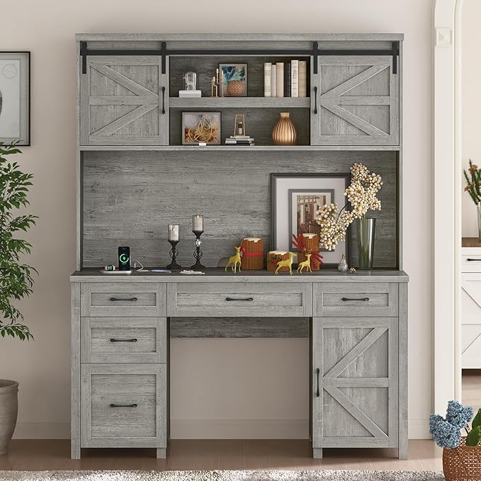 67''H Farmhouse Executive Desk with Hutch & 5 Drawers, Rustic Office Desks Computer Desks with Charging Station, File Drawers and Storage Cabinets, Wood Workspace for Home Office & Study,Grey.