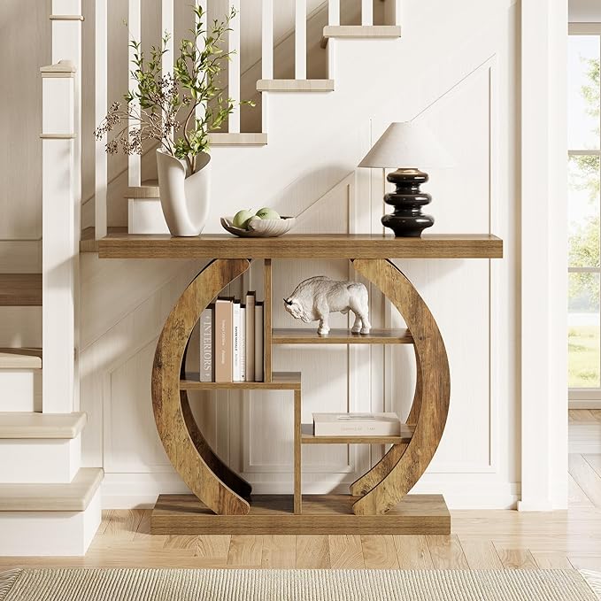LITTLE TREE Console Table, 4-Tier Farmhouse Wooden Sofa Table Behind Couch, 42.5-Inch Narrow Entryway Hallway Foyer Tables for Living Room, Console Sofa Tables with Storage Shelves, Rustic Brown