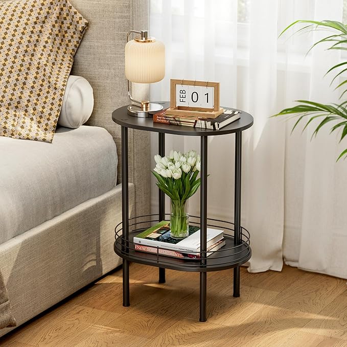 Round Side Table Set of 2,Bedside Table with Storage, Morden Round Nightstand, Samll Side Table for Living Room，Bathroom，Bedroom, Nursery, Laundry, Black