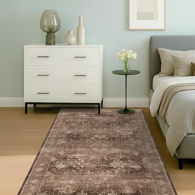 Taupe Brown 5x8 Rug for Living Room - Vintage Traditional Dark Neutral Geometric, Washable Foldable Non-Slip Area Rugs for Dining Under Table, Home Office, Guest Room