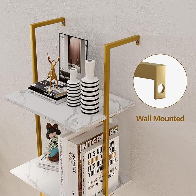Ladder Shelf 4 Tiers Metal Industrial Bookshelf,White Marble Wood Tall Open Storage Rack and Display Shelves,Wall Mount Wide Book Case for Home Office Bedroom,Small