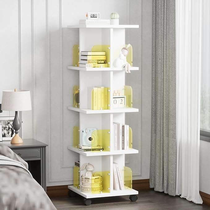VECELO 4-Tier Rotating Bookshelf, Modern Swivel Bookcase for 360°Display,Stackable Square Book Shelves Floor-Standing Storage for Home Office, Solid Wood, Smooth Spinning, White