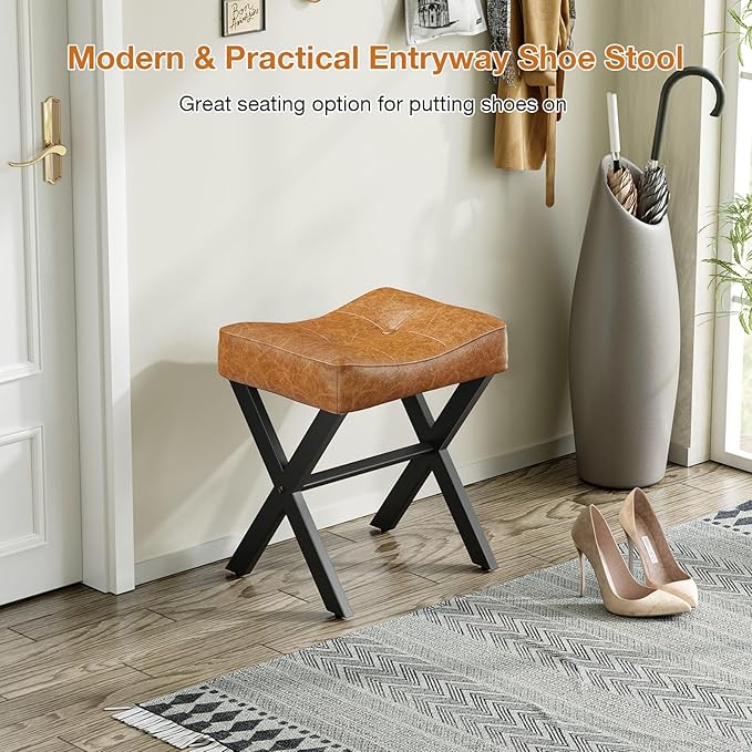 18-Inch Leather Vanity Stool Chair, Vanity Bench with Metal X-Leg, Ottoman Foot Stool with Thick Padded Saddle Seat, Brown