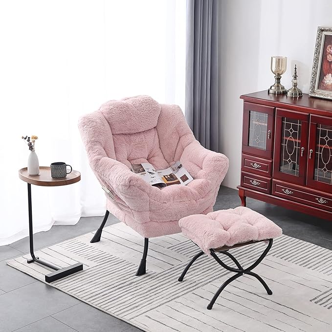 LITA Lazy Chair with Ottoman, Modern Accent Leisure Upholstered Sofa, Contemporary Lounge Reading Chair with Armrests and a Side Pocket for Living Room, Bedroom & Small Spaces, Plush Pink