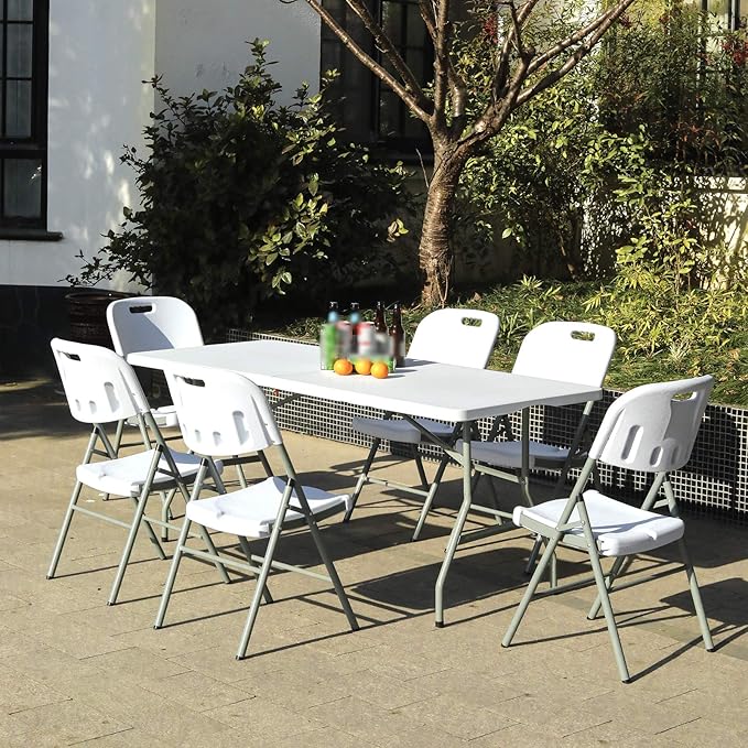 Folding Table 6ft Plastic Folding Table Indoor & Outdoor for Picnic, Camping,BBQ and Party, with Powder Coated Steel Legs and Built in Carry Handle, White