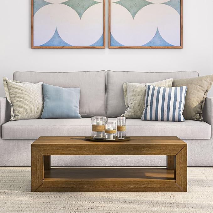 Plank+Beam Modern Rectangular Coffee Table with Shelf, 48", Solid Wood Center Table with Storage, 2 Tier Tea Table for Living Room, Pecan Wirebrush