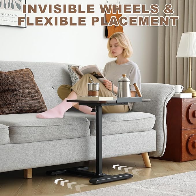 Solid Wood C-Shaped Side Table,360° Rotating TV Tray Table,Height-Adjustable,Sliding Sofa Table,Rolling Laptop Desk for Living Room and Bedroom Use with Sofa,Bed,Chair-Walnut