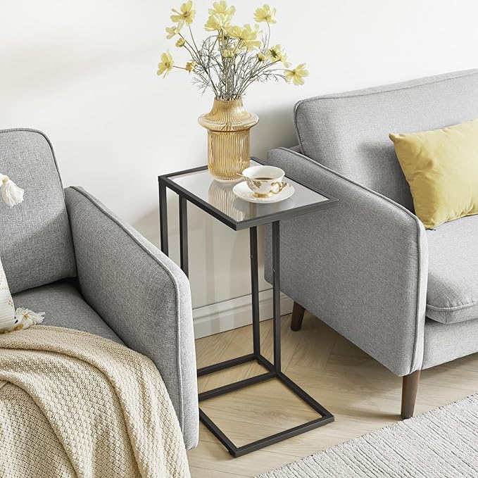 YMYNY C-Shaped End Table, Tempered Glass Sofa Side Table, nightstand for Small Place,Coffee Table for Hallway Office Bedroom Living Room, Metal Frame, Black, 24.8 * 15.75 * 11.8" UHGD001B