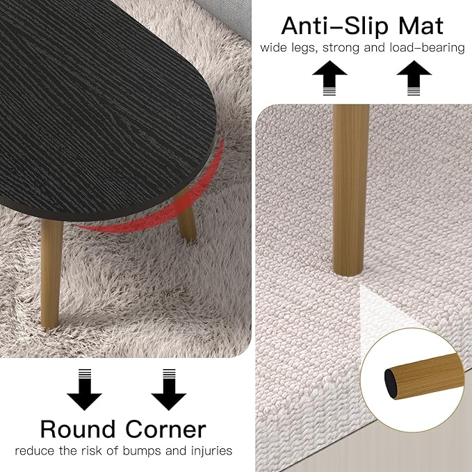 Small Coffee Table for Small Space, Low Table, Floor Table Desk for Sitting on The Floor, Japanese Coffee Table for Living Room, Tatami Tea Tables with Solid Wood Legs, Oval Coffee Tables, Black