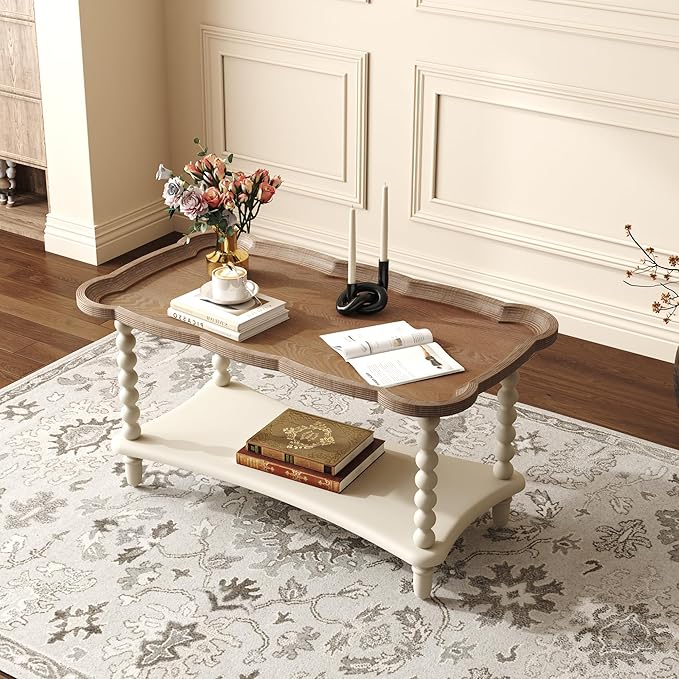 Function Home Farmhouse Coffee Table, Rustic White French Country Center Table with Storage Shelf, Wood Coffee Tables for Living Room Dining Room, Natural Tray Top and Vintage White Spindle Legs