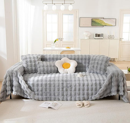 VM VOUGEMARKET Plush Sofa Cover Thick Faux Fur Shaggy Fuzzy Sectional Couch Cover Universal Gray Furniture Cover Fluffy Sofa Slipcover for Couch Sofa Bed-71" x 134"