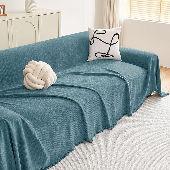 hyha Couch Cover for Dogs, Boho Sofa Covers for 3 Cushion Couch Washable, Chenille Sofa Slipcover for Pets, Soft Loveseat Sectional Couch Throw Blankets with Tassels (Blue, 71x134 Inch)