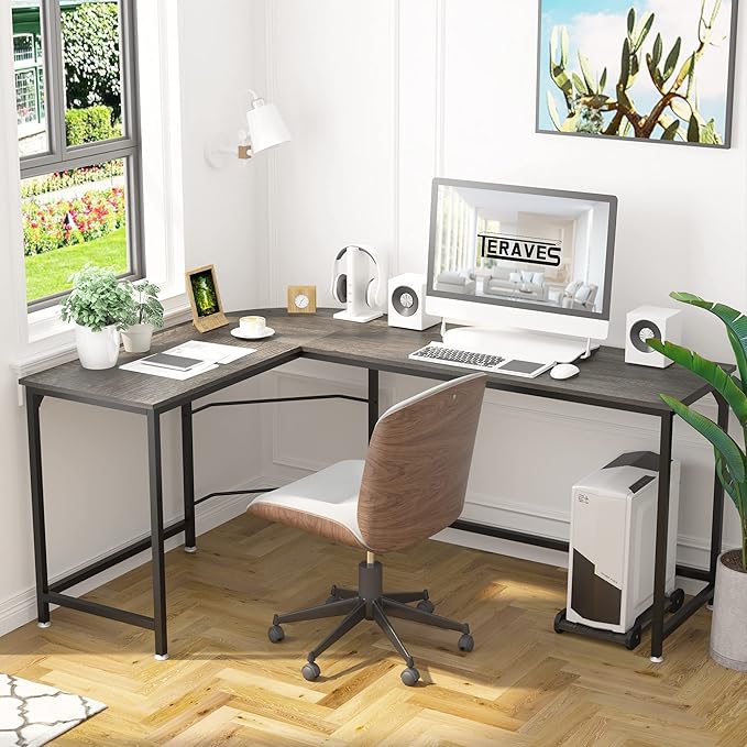 Teraves Reversible L Shaped Desk, 66.1" Gaming Desk, Corner Desks for Home Office, Space Saver Workstation Table, Modern Wooden Desk, BOAK