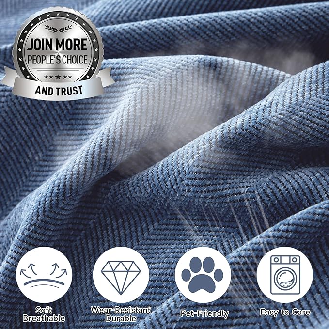 STACYPIK Non Slip Blue Couch Covers Chenille Sofa Cover for Dogs, Herringbone Pet Protector for 2 Cushion Couch, Loveseat Cover for Sectional, Washable Furniture Cover Versatile Throw Blanket-71x118IN