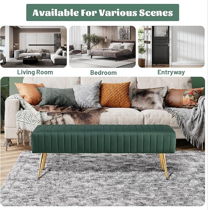 Furniliving 44 Inch Entryway Benches, Upholstered Tufted Striped Fabric Ottoman Bench with Polished Gold Metal Legs for Living Room, Solid Wood Indoor Bench for Foyer (DarkGreen)