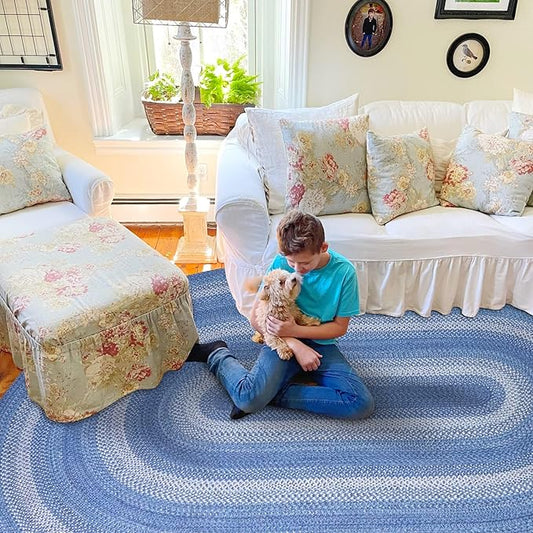 Homespice Denim Jute Blue Braided Rugs 5x8' Oval for Living Room, Bedroom Rug and Dining Room. Pet Friendly. Decor Styles- Farmhouse Rug, Rustic, Vintage, Cottage, Primitive, Country, Boho Rug