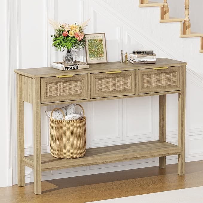 Entryway Table, Rattan Console Table with 3 Storage Drawers and Storage Shelf, Sofa Table with Socket, for Entryway, Living Room, Behind Couch and Hallway (Natural Wood)