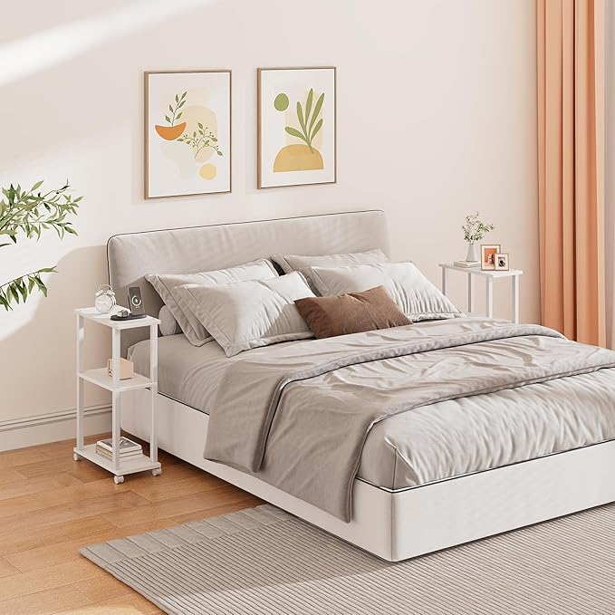 TUTOTAK Small Side Table, Narrow End Table, Bedside Table, Couch Side Table with Wheels for Living Room or Bedroom, White TB01BW061