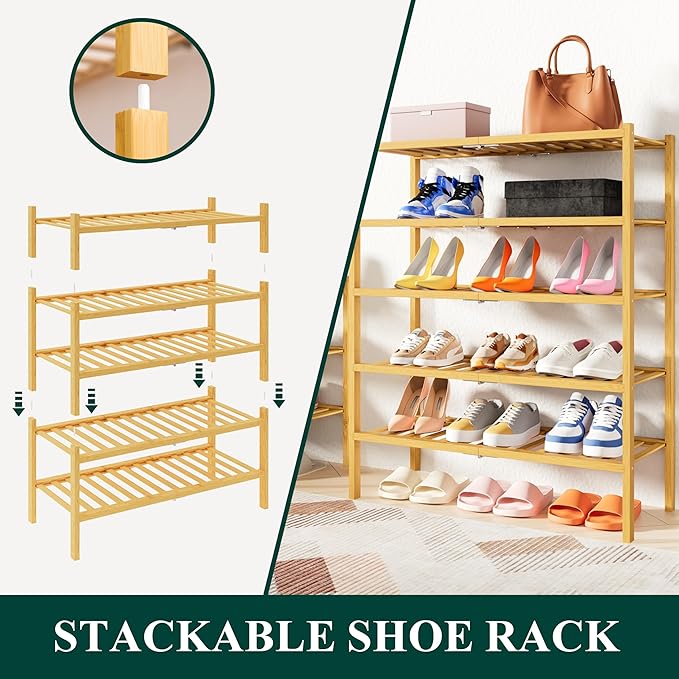 Smiry Shoe Rack, 6 Tier Thick Bamboo Shoe Organizer, Stackable Free Standing Wooden Shoe Storage Shelf for Closet, Entryway, Front Door Entrance, Natural