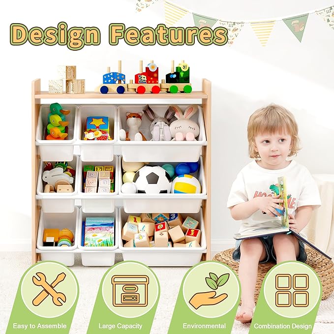 MallBest 4-Tier Kids' Toy Storage Organizer Shelf - 100% Solid Wood,Children's Storage Cabinet with 9 Plastic Bins