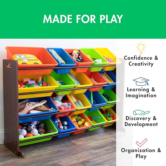 Humble Crew Extra-Large Toy Organizer with 20 Plastic Bins – Dark Walnut/Neon Storage Rack with 4-Tier Shelves, Anti-Tip Safety, for Kids’ Rooms, Playrooms, Nurseries & Classrooms