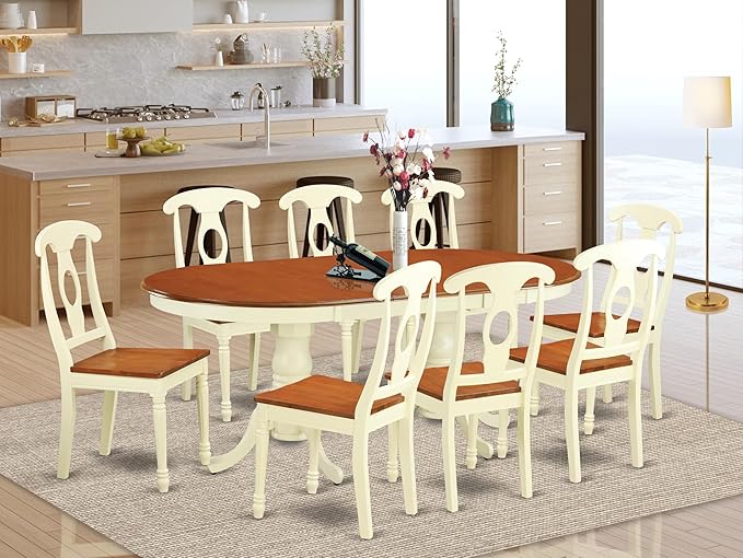 East West Furniture PLKE9-WHI-W 9 Piece Dining Table Set Includes an Oval Dinner Table with Butterfly Leaf and 8 Dining Room Chairs, 42x78 Inch, Buttermilk & Cherry