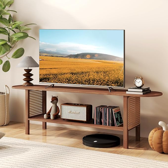 HollyHOME Bamboo TV Stand with Storage for TVs up to 65", Modern Entertainment Center with Rattan Side, Accent TV Table with 2 Shelf, Media Console TV Stand for Living Room, Bedroom, Walnut