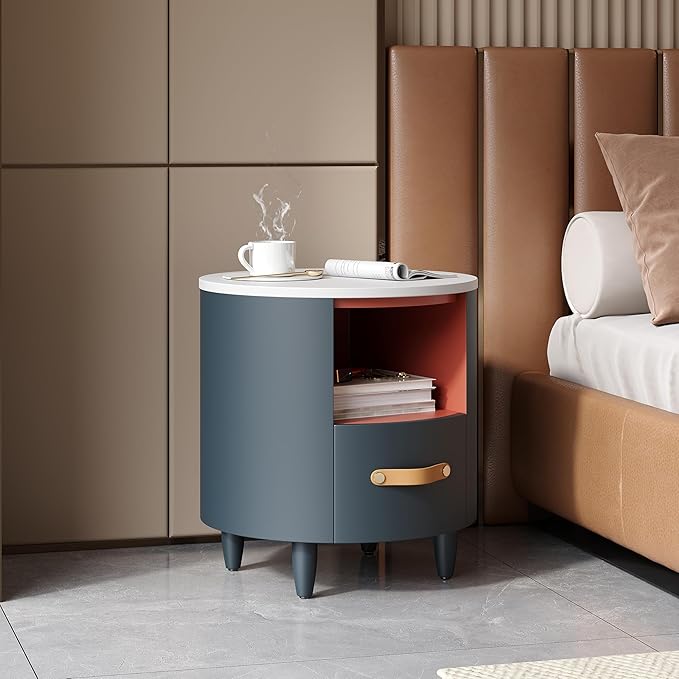 Merax Round Nightstand with Storage Drawer, MDF Contemporary Modern Bedside Table with Open Storage Shelf, Curved Design Sofa End Table for Bedroom & Living Room, Easy Assembly, Blue