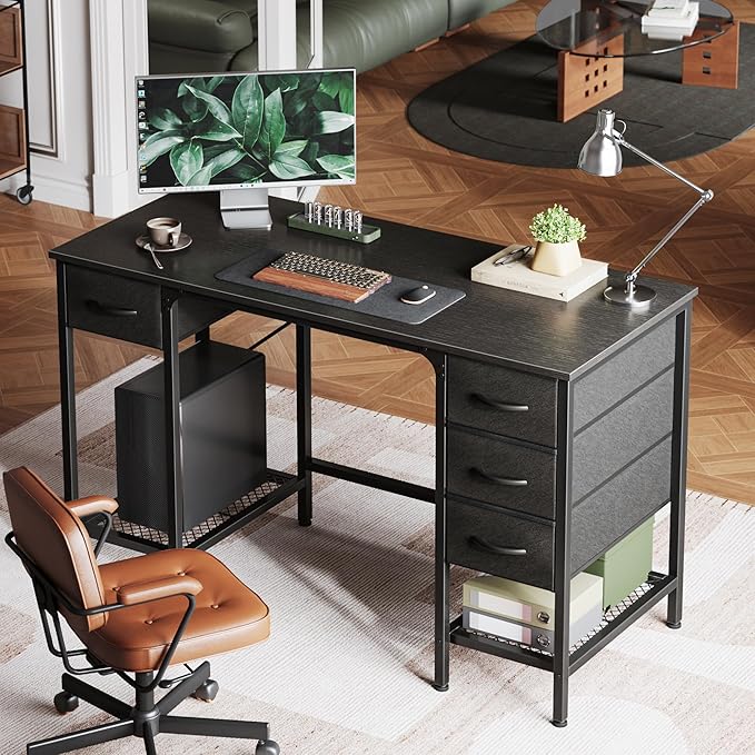 Huuger 47 Inch Computer Desk with 4 Drawers, Office Desk with Mesh Shelf, Gaming Desk, Large Storage, Writing Work Desk for Home Office, Study, Bedroom, Work from Home, Black