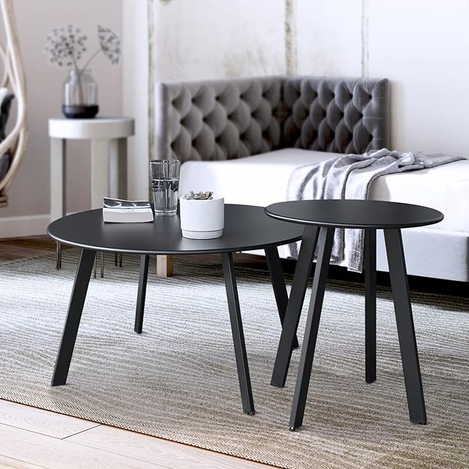 Patio Coffee Table Set of 2, Outdoor Weather Resistant End Table, Round Nesting Tables for Living Room Balcony Office,Black