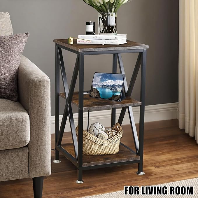 Square End Table with Charging Station, 3-Tier End Table Living Room, 16" D X 16" W X 28" H, Wood and Metal Table with USB Ports and Outlets, Side Table with Wheels for Living Room, Bedroom, Kitchen