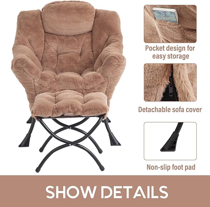 LITA Lazy Chair with Ottoman, Modern Accent Leisure Upholstered Sofa Chair, Lounge Reading Chair with Armrests and a Side Pocket for Living Room, Bedroom & Small Space, Plush Brown