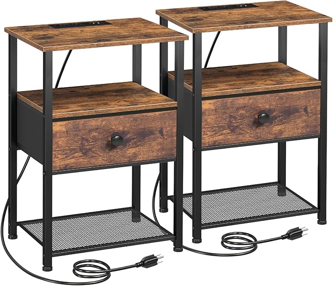 Night Stand Set 2, Nightstand with Charging Station, End Tables Living Room with Fabric Drawer for Small Spaces, Side Tables with Storage Shelf for Bedroom, Rustic Brown HETS010PBR