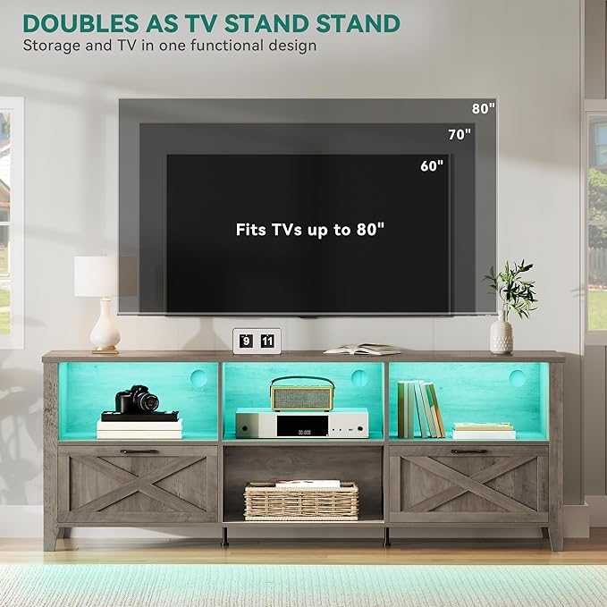 YITAHOME 70 Inch Farmhouse TV Stand with LED Lighting, Fits TVs up to 80 Inches, Media Console with Storage and Customizable Divider, Entertainment Center for Living Room (Grey)