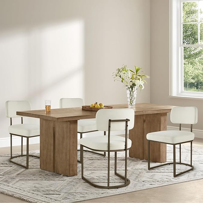 Dining Chairs Set of 4, Upholstered Modern Kitchen Chairs with Ergonomic Backrest, Fabric Cushion Seat & Metal Legs for Living Room, Restaurant, and Café, Ivory, 2Boxs