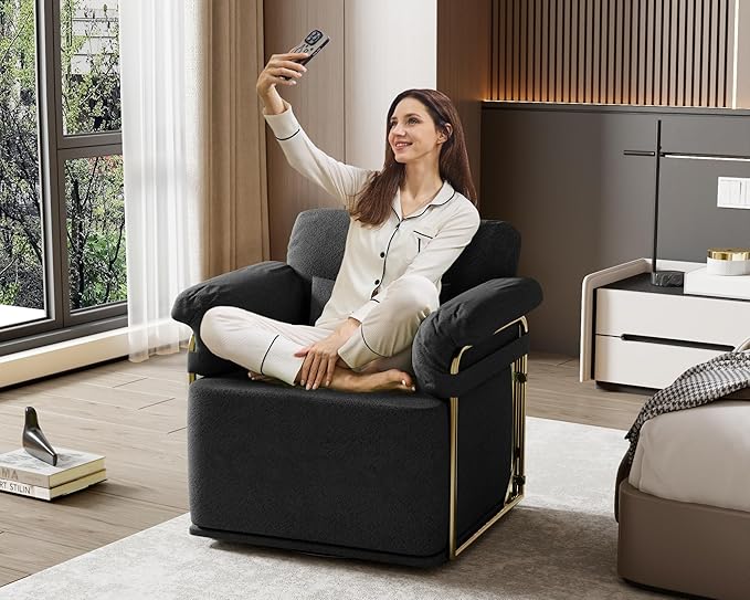 KEIKI Modern Comfy Swivel Accent Reading Chair with Waist Pillows, 360°Square Upholstered Barrel Armchair Single Club Lounge Sofa Chairs for Living Room,Bedroom,Office,Black